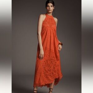 NWT Anthro. Eyelet Crochet Halter Maxi Dress in Vibrant Orange